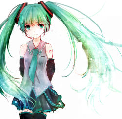 Rule 34 | 1girl, arms behind back, bad id, bad pixiv id, detached sleeves, green eyes, green hair, hatsune miku, headset, litta (flower mogmog), long hair, matching hair/eyes, necktie, simple background, skirt, solo, thighhighs, twintails, very long hair, vocaloid, white background