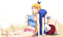 Rule 34 | 2girls, artist request, back-to-back, barefoot, blonde hair, blue hair, blue ribbon, blush, bra, breasts, closed eyes, clothes pull, fairy tail, feet, from side, hair ribbon, hand fan, hand tattoo, hot, knees up, leaning back, legs together, long hair, lucy heartfilia, midriff, miniskirt, multiple girls, open mouth, paper fan, pleated skirt, ponytail, red skirt, ribbon, shirt, shirt pull, short shorts, shorts, side ponytail, sideboob, sitting, sitting together, skirt, soles, sweat, tank top, tattoo, teeth, toes, tongue, uchiwa, underwear, wendy marvell, white shirt