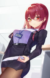 Rule 34 | 1girl, adjusting eyewear, belt, black skirt, blazer, blurry, blurry background, breasts, closed mouth, frown, glasses, hair between eyes, heterochromia, highres, holding, holding paper, hololive, houshou marine, id card, jacket, large breasts, long sleeves, looking at viewer, looking down, medium hair, nyaa28, office lady, open clothes, open jacket, pantyhose, paper, red eyes, red hair, sidelocks, skirt, solo, thighs, virtual youtuber, yellow eyes