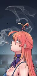 Rule 34 | 1girl, bags under eyes, blue camisole, blurry, blurry background, breasts, camisole, cigarette, cjrb1228, empty eyes, from behind, half updo, highres, holding, holding cigarette, last origin, looking up, magical momo, medium breasts, mouth hold, orange hair, smoke, smoking, solo