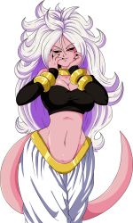 Rule 34 | 1girl, :d, android 21, bandeau, black sclera, breasts, cleavage, colored sclera, colored skin, dragon ball, dragon ball fighterz, harem pants, highres, hip focus, large breasts, looking at viewer, majin android 21, nail polish, open mouth, pants, pink skin, red eyes, smile, solo, stomach, tail, white hair, wide hips