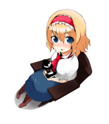 Rule 34 | 1girl, absurdres, alice margatroid, bad id, bad pixiv id, blonde hair, blue eyes, chair, character doll, doll, female focus, from above, full body, hairband, hat, highres, kirisame marisa, short hair, sitting, solo, touhou, tyobimiru, witch, witch hat