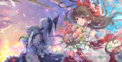 Rule 34 | 2girls, album cover, alternate color, alternate eye color, alternate hair color, bouquet, bow, brown hair, cloud, commentary request, cover, detached sleeves, dual persona, flower, gradient sky, hair blowing, hair bow, hair tubes, hakurei reimu, holding, holding bouquet, lily (flower), looking at viewer, looking away, looking up, multiple girls, open mouth, outdoors, petals, ponytail, red eyes, ribbon-trimmed sleeves, ribbon trim, silver hair, sky, soukuu kizuna, standing, touhou, transparent, twilight, yellow eyes
