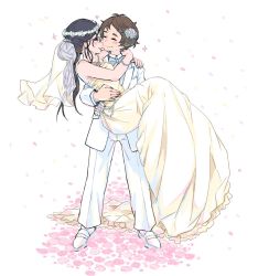 Rule 34 | 2girls, ^ ^, arms around neck, bare shoulders, black hair, blush, bridal veil, brown hair, carrying, closed eyes, dress, eyebrows, closed eyes, flower, formal, glasses, hair flower, hair ornament, head wreath, long hair, m k, multiple girls, original, pant suit, pants, princess carry, rose, short hair, smile, suit, veil, white background, wide sleeves, wife and wife, yellow dress, yuri