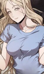 Rule 34 | 1girl, blonde hair, blush, closed mouth, grey shirt, highres, hoarding in hell, long hair, looking at viewer, shirt, smile, solo, very long hair, yellow eyes, you min (hoarding in hell)
