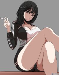 Rule 34 | 1girl, artist name, beautiful gunbari, black hair, black shorts, breasts, brown eyes, cigarette, cleavage, crossed legs, feet out of frame, grey background, holding, holding cigarette, im-dana, jacket, large breasts, long hair, looking at viewer, marheit, mole, mole under eye, open clothes, open jacket, shirt, shorts, simple background, sitting, solo, thighs, tobacco, white shirt