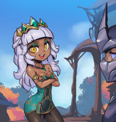 Rule 34 | 1boy, 1girl, :d, bare shoulders, blue eyes, blue sky, blunt bangs, breasts, brown pantyhose, cleavage, covered navel, crossed arms, dark-skinned female, dark skin, day, detached sleeves, dress, green dress, grey hair, hair ornament, helmet, jewelry, league of legends, long hair, looking at another, mask, medium breasts, mouth mask, necklace, open mouth, orange eyes, outdoors, pantyhose, phantom ix row, qiyana (league of legends), shen (league of legends), short dress, sky, smile