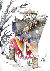 Rule 34 | 1girl, absurdres, adapted costume, arm up, bag, bare tree, carrying, covered mouth, day, dress, food, full body, gloves, grabbing, graphite (medium), hand up, hat, hatchet, highres, japanese clothes, long hair, long sleeves, looking at viewer, multicolored clothes, nata (tool), nib pen (medium), outdoors, pencil, red eyes, sakata nemuno, scarf, scarf over mouth, silver hair, snow, solo, standing, tagme, touhou, traditional media, tree, uokin2, wide sleeves, winter
