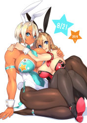 Rule 34 | 2019, 23 (real xxiii), 2girls, :p, ahoge, animal ears, anklet, aqua necktie, armband, artist name, bare shoulders, black legwear, blue eyes, blue neckwear, breasts, brown hair, brown legwear, bunny day, cleavage, commentary request, covered navel, dark-skinned female, dark skin, dated, detached collar, eyes visible through hair, fake animal ears, female focus, hair between eyes, hand on another&#039;s shoulder, high heels, highres, hug, huge breasts, jewelry, large breasts, leotard, long hair, looking at viewer, multiple girls, muscular, muscular female, necktie, original, pantyhose, parted lips, platinum blonde hair, playboy bunny, rabbit ears, rabbit tail, red neckwear, ring, seiza, sela (23), short hair, short necktie, silver hair, simple background, sitting, sitting on lap, sitting on person, smile, star (symbol), tail, thighs, tongue, tongue out, ursula (23), wedding band, white background, wife and wife, wrist cuffs, yuri