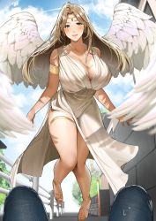 Rule 34 | 1girl, armlet, blue eyes, blue sky, blush, breasts, brown hair, cleavage, closed mouth, cloud, commentary request, day, dress, earrings, feathered wings, forehead jewel, gold footwear, highres, hoop earrings, huge breasts, jewelry, large wings, long hair, mature female, mirror, original, outdoors, pov, railing, sakura no tomoru hi e, sky, sleeveless, sleeveless dress, smile, solo focus, standing, thighlet, white dress, white wings, wings