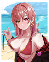 Rule 34 | 1girl, absurdres, badge, beach, bikini, breasts, button badge, cleavage, closed mouth, collarbone, earrings, fuchi (fuchi 1106), heart, heart earrings, heterochromia, highres, hololive, houshou marine, houshou marine (summer), jacket, jewelry, looking at viewer, medium breasts, navel, ocean, off shoulder, official alternate costume, red eyes, red hair, sand, solo, straight hair, swimsuit, untied bikini, untying, upper body, virtual youtuber, water, wet, wet clothes, wet swimsuit, yellow eyes
