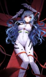 Rule 34 | 1girl, :o, ayanami rei, blue hair, blush, breasts, cross, hair ornament, highres, kokukyukeo, long hair, looking at viewer, neon genesis evangelion, open mouth, plugsuit, rebuild of evangelion, red eyes, red ribbon, ribbon, solo, thighs