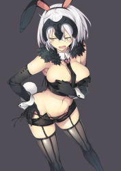Rule 34 | 1girl, alternate costume, animal ears, black thighhighs, blush, breasts, butt crack, cleavage, commentary request, cowboy shot, detached collar, dutch angle, elbow gloves, fake animal ears, fate/grand order, fate (series), from above, garter belt, gloves, grey background, grey hair, hand on own hip, headpiece, jeanne d&#039;arc (fate), jeanne d&#039;arc alter (avenger) (fate), jeanne d&#039;arc alter (fate), large breasts, leotard, necktie, panties, playboy bunny, rabbit ears, rabbit girl, side-tie panties, solo, thighhighs, underwear, wrist cuffs, yellow eyes, yuguru