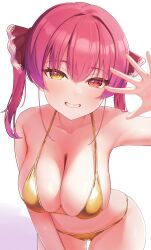 Rule 34 | 1girl, absurdres, arm up, bikini, breasts, cleavage, collarbone, gold bikini, grin, hair ribbon, heterochromia, highres, hololive, houshou marine, keek 1114, large breasts, leaning forward, long hair, looking at viewer, open hand, red eyes, red hair, red ribbon, ribbon, simple background, smile, solo, swimsuit, twintails, virtual youtuber, white background, yellow eyes