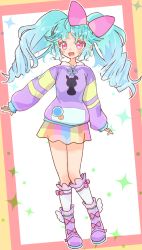 Rule 34 | 1girl, :d, animal print, aqua hair, blush, boots, border, bow, bow legwear, colored eyelashes, commentary, drill hair, full body, hair bow, hair flaps, highres, hood, hood down, hoodie, idol land pripara, katasumi amari, kneehighs, knees together feet apart, long hair, long sleeves, miniskirt, multicolored clothes, multicolored hoodie, multicolored skirt, open mouth, outline, outside border, pink border, pink bow, pink eyes, pretty series, pripara, purple footwear, purple hoodie, rabbit print, rainbow skirt, shiny skin, sidelocks, simple background, skirt, sleeves past wrists, smile, socks, solo, sparkle, srrr 48479587, standing, twin drills, twintails, white background, white hoodie, white outline, winged footwear, yellow border, yellow hoodie
