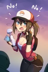 Rule 34 | 10s, 1girl, baseball cap, belt, black gloves, blue eyes, blush, breasts, brown hair, cellphone, commentary, creatures (company), cropped jacket, english text, female protagonist (pokemon go), fingerless gloves, flying sweatdrops, game freak, gloves, gradient background, hand up, hat, leggings, medium breasts, nintendo, phone, pokemon, pokemon go, ponytail, sex toy, shorts, simple background, smartphone, solo, standing, vibrator, waero, wavy mouth