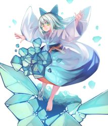 Rule 34 | 1girl, alternate costume, anarogumaaa, bad id, bad pixiv id, barefoot, blue eyes, bow, cirno, hair bow, ice, japanese clothes, silver hair, solo, touhou, wide sleeves