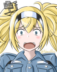 Rule 34 | 1girl, @ @, admiral paru, blonde hair, blue eyes, blue shirt, breasts, collared shirt, dilated pupils, gambier bay (kancolle), hair ornament, hairband, kantai collection, large breasts, long hair, looking at viewer, multicolored hairband, open mouth, shirt, simple background, solo, twintails, twitter username, upper body, white background