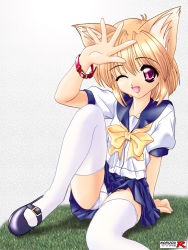 Rule 34 | 1girl, animal ears, arm up, artist request, black footwear, blonde hair, blue skirt, bow, cat ears, collarbone, fang, looking at viewer, one eye closed, open mouth, panties, pantyshot, pink eyes, pleated skirt, school uniform, shoes, short hair, sitting, skirt, solo, thighhighs, underwear, white panties, white thighhighs, wink, yellow bow