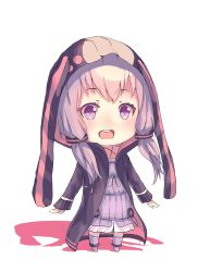 Rule 34 | 1girl, :d, bad id, bad twitter id, chibi, dress, full body, highres, hood, hooded coat, long hair, looking at viewer, low twintails, open mouth, oweee, purple dress, purple eyes, purple hair, purple legwear, ribbed dress, shadow, smile, solo, teeth, twintails, vocaloid, voiceroid, yuzuki yukari