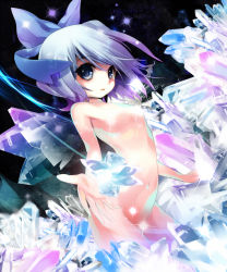 Rule 34 | 1girl, bad id, bad pixiv id, blue eyes, blue hair, bow, censored, cirno, convenient censoring, flat chest, hair bow, ice, matching hair/eyes, nude, short hair, solo, sparkle, torino aqua, touhou, wings