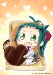 Rule 34 | 2girls, apron, artist name, black neckwear, blue skirt, box, candy, character request, chocolate, chocolate heart, commentary request, dated, food, gradient background, green eyes, green hair, hair ribbon, heart, hinata yuu, irako (kancolle), kantai collection, kappougi, long hair, looking at viewer, multiple girls, necktie, one-hour drawing challenge, orange background, pink shirt, ponytail, ribbon, shirt, skirt, smile, solo focus