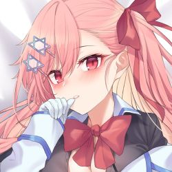 Rule 34 | 1girl, blush, bow, bowtie, breasts, cleavage, girls&#039; frontline, hair between eyes, hair ribbon, hexagram, jingo, long hair, looking at another, lying, negev (girls&#039; frontline), on back, parted lips, pink hair, red eyes, red ribbon, ribbon, solo, star of david, thumb to mouth, twintails