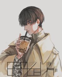 Rule 34 | 1boy, absurdres, artist logo, beige coat, beige shirt, black eyes, black hair, bubble tea, coat, commentary, cup, disposable cup, drinking straw, fatalbug896, frilled sleeves, frills, grey background, highres, holding, holding cup, long sleeves, looking at viewer, male focus, nichts (fatalbug896), original, parted lips, profile, short hair, sideways glance, signature, simple background, solo, upper body, watermark, wide sleeves