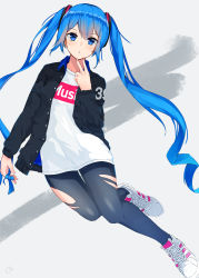 Rule 34 | 1girl, 39, absurdres, adidas, bad id, bad pixiv id, black jacket, blue eyes, blue hair, blush, denim, full body, hair between eyes, hatsune miku, highres, holding, holding own hair, jacket, jeans, looking at viewer, nail polish, open clothes, open jacket, open mouth, osanzi, pants, shoes, sneakers, solo, torn clothes, torn legwear, twintails, vocaloid