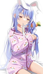 Rule 34 | 1girl, absurdres, animal ear fluff, animal ears, blue hair, blush, braiding hair, carrot hair ornament, commentary request, eyebrows hidden by hair, food-themed hair ornament, hair ornament, hairdressing, highres, hololive, hololive fantasy, kazepana, long hair, long sleeves, looking away, looking to the side, mouth hold, multicolored hair, no pants, pekomon (usada pekora), pajamas, rabbit ears, red eyes, simple background, sitting, solo, tears, thick eyebrows, two-tone hair, usada pekora, very long hair, virtual youtuber, waking up, white background, white hair