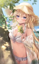 Rule 34 | 1girl, beach, bikini, blonde hair, blue eyes, blue sky, blush, breasts, cleavage, cloud, cloudy sky, day, frilled bikini, frills, front-tie bikini top, front-tie top, hat, highres, holding, holding plant, horizon, kanda done, long hair, long sleeves, looking at viewer, medium breasts, navel, ocean, off shoulder, original, outdoors, palm tree, parted lips, plant, shirt, sky, solo, standing, straw hat, sun hat, swimsuit, tree, water, white bikini, white shirt
