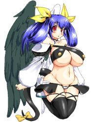Rule 34 | 1girl, :&lt;, arc system works, asymmetrical wings, bare shoulders, blue hair, blush, boots, breasts, choker, curvy, detached sleeves, dizzy (guilty gear), feathers, full body, guilty gear, high heels, hip focus, huge breasts, lute (apocalypselibrary), navel, oekaki, pussy, pussy peek, red eyes, ribbon, shoes, simple background, solo, tail, tail ornament, tail ribbon, thighhighs, underboob, wide hips, wings