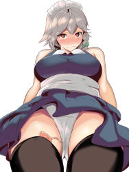 Rule 34 | 1girl, bad id, bad pixiv id, black thighhighs, blush, braid, closed mouth, embarrassed, from below, hekiga (freelot), highres, izayoi sakuya, maid headdress, panties, red eyes, sex toy, short hair, silver hair, simple background, sleeveless, solo, thighhighs, touhou, twin braids, underwear, vibrator, wavy mouth, white background, white panties