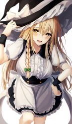 Rule 34 | 1girl, 7saki, :d, absurdres, apron, bad id, bad pixiv id, black hat, black skirt, blonde hair, blush, bow, braid, breasts, feet out of frame, frilled apron, frills, green bow, hair between eyes, hand on own hip, hat, hat bow, highres, holding, holding clothes, holding hat, kirisame marisa, leaning forward, long hair, looking at viewer, open mouth, puffy short sleeves, puffy sleeves, shirt, short sleeves, skirt, smile, solo, touhou, very long hair, waist apron, white apron, white background, white bow, white shirt, witch hat, wrist cuffs, yellow eyes