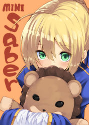 Rule 34 | 1girl, ahoge, artoria pendragon (all), artoria pendragon (fate), blonde hair, blue dress, blue ribbon, blush, braid, brown background, character name, commentary request, covered mouth, dress, fate/stay night, fate (series), french braid, green eyes, hair between eyes, hair bun, hair ornament, hair ribbon, highres, holding, holding stuffed toy, juliet sleeves, long sleeves, looking at viewer, nigo (aozoragarou), puffy sleeves, ribbon, saber (fate), short hair, sidelocks, simple background, single hair bun, sleeves past wrists, solo, stuffed animal, stuffed lion, stuffed toy