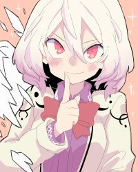 Rule 34 | 1girl, banana takemura, beige jacket, blush, bow, bowtie, commentary request, dress, grey hair, hair between eyes, hand up, highres, index finger raised, kishin sagume, long sleeves, looking at viewer, one-hour drawing challenge, purple dress, red bow, red bowtie, short hair, single wing, smile, solo, sparkle, touhou, upper body, wings