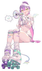 Rule 34 | 1girl, absurdres, bandaid, bandaid on leg, barbell piercing, bat wings, blush, cloba, colored inner hair, cropped jacket, ear piercing, gloves, goggles, goggles on head, green eyes, highres, holding, holding megaphone, hololive, hooded shrug, industrial piercing, knee pads, long hair, long sleeves, looking at viewer, loose socks, megaphone, midriff, multicolored hair, navel, navel piercing, open mouth, piercing, pink hair, ponytail, purple hair, roller skates, see-through, see-through sleeves, short shorts, shorts, sitting, skates, smile, socks, solo, tokoyami towa, tokoyami towa (5th costume), two-sided gloves, virtual youtuber, white gloves, white shorts, white shrug, white socks, white wings, wings