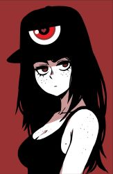 Rule 34 | 1girl, akairiot, bare shoulders, black tank top, body freckles, breasts, cleavage, closed mouth, expressionless, eyelashes, freckles, hat, heart, highres, long hair, looking at viewer, original, red background, red eyes, simple background, solo, tank top, third eye, upper body