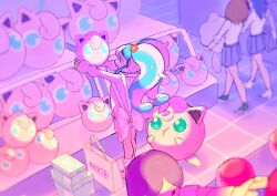 Rule 34 | 3girls, angry, bag, blue eyes, closed mouth, commentary request, creatures (company), fairy miku (project voltage), flower, game freak, gen 1 pokemon, hair flower, hair ornament, hatsune miku, highres, holding, holding stuffed toy, indoors, jigglypuff, long hair, long sleeves, looking at another, multiple girls, nintendo, open mouth, ora (oraora oekaki), outstretched arms, people, pink background, pink sweater, pokemon, pokemon (creature), project voltage, red flower, shelf, shoe box, shop, shopping, shopping bag, sidelocks, smile, standing, stuffed animal, stuffed toy, sweater, tile floor, tiles, twintails, very long hair, vocaloid, white bag