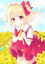 Rule 34 | 1girl, arms up, ascot, asymmetrical sleeves, bad id, bad pixiv id, blonde hair, blue sky, blush, bobby socks, bow, cloud, cowboy shot, crystal, day, field, flandre scarlet, flower, flower field, frilled shirt collar, frills, hair bow, hands on own chest, hat, head tilt, looking at viewer, mob cap, nibosi, outdoors, petals, red eyes, red footwear, red skirt, red vest, shirt, short hair, short sleeves, side ponytail, skirt, sky, smile, socks, solo, standing, standing on one leg, swept bangs, touhou, uneven sleeves, vest, white hat, white shirt, white socks, wind, wind lift, wings, yellow ascot