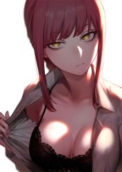 1girl bags_under_eyes black_bra bra breasts chainsaw_man cleavage closed_mouth collared_shirt eatora large_breasts long_hair looking_at_viewer makima_(chainsaw_man) open_clothes open_shirt pink_hair ringed_eyes shirt sidelocks simple_background solo underwear upper_body white_background white_shirt yellow_eyes