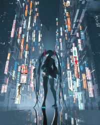 Rule 34 | 1girl, 3d, billboard, black skirt, black thighhighs, blender (medium), blue hair, city, city lights, commentary, detached sleeves, from behind, from below, full body, hair ornament, hatsune miku, highres, houtei9, light blue hair, long hair, miniskirt, night, outdoors, reflective floor, road, skirt, solo, standing, street, thighhighs, twintails, very long hair, vocaloid, wide sleeves