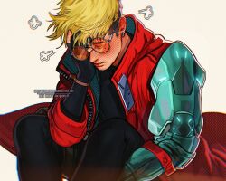 Rule 34 | 1boy, black gloves, black pants, black shirt, blonde hair, blush, closed mouth, coat, earrings, gloves, hand on own face, highres, jewelry, male focus, mechanical arms, open clothes, open coat, pants, partially fingerless gloves, red coat, round eyewear, shirt, short hair, simple background, single mechanical arm, sitting, solo, sunglasses, tinted eyewear, trigun, trigun stampede, twitter username, umikochannart, vash the stampede