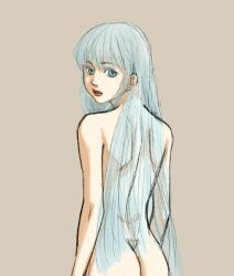 Rule 34 | 1girl, ass, back, bare back, bare shoulders, blue eyes, blue hair, completely nude, from behind, lips, long hair, looking back, lost girl (terraria), nude, solo, terraria