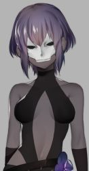 Rule 34 | 1girl, backless outfit, bare shoulders, breasts, center opening, dark-skinned female, dark skin, elbow sleeve, fate/grand order, fate/prototype, fate/prototype: fragments of blue and silver, fate (series), hassan of serenity (fate), looking at viewer, mask, medium breasts, midriff, navel, purple hair, short hair, simple background, sino42, skull mask, solo, upper body