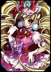 Rule 34 | 10s, 1girl, aisaki emiru, blonde hair, bow, bowtie, closed mouth, cure macherie, dress, drill hair, earrings, glove bow, gloves, hair ornament, hugtto! precure, jewelry, long hair, looking at viewer, magical girl, pink dress, polka dot, polka dot background, pom pom (clothes), pom pom earrings, precure, purple bow, red background, red bow, red eyes, senmu (0107), smile, solo, twin drills, upper body, white gloves