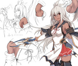 Rule 34 | 1girl, bare shoulders, black thighhighs, breasts, brown eyes, character request, collarbone, commentary request, copyright request, dark-skinned female, dark skin, dress, granblue fantasy, grey hair, hair between eyes, large breasts, long hair, looking at viewer, red ribbon, ribbon, shiseki hirame, thighhighs, translation request, weapon, zooey (granblue fantasy)