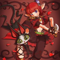 Rule 34 | 00s, 1girl, blade, bob cut, cait sith (ff7), cape, cat, choker, crown, dagger, elf, elvaan, epaulettes, feather hair ornament, feathers, final fantasy, final fantasy xi, fingerless gloves, foreshortening, frills, gloves, green eyes, hair ornament, high heels, hume, jewelry, knife, lilisette baloumat, looking at viewer, midriff, navel, necklace, petals, pointy ears, purple eyes, red hair, short hair, short sleeves, slit pupils, smirk, weapon, yamipaseri