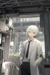 Rule 34 | 1girl, absurdres, androgynous, black eyes, black necktie, black pants, chair, closed mouth, coat, collared shirt, day, grey hair, hair between eyes, hands in pockets, highres, indoors, lab coat, long sleeves, m. (emudotto), necktie, open clothes, open coat, original, pants, plant, potted plant, shirt, short hair, solo, stairs, standing, suspenders, watering can, white hair, white shirt