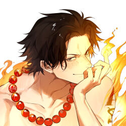 Rule 34 | 1boy, arm tattoo, beads, black hair, close-up, closed mouth, collarbone, dated, fire, forehead, freckles, grey eyes, hand on own face, hand up, highres, jewelry, looking at viewer, male focus, necklace, one piece, pointy nose, portgas d. ace, signature, simple background, solo, tattoo, upper body, watch, white background, xuchuan